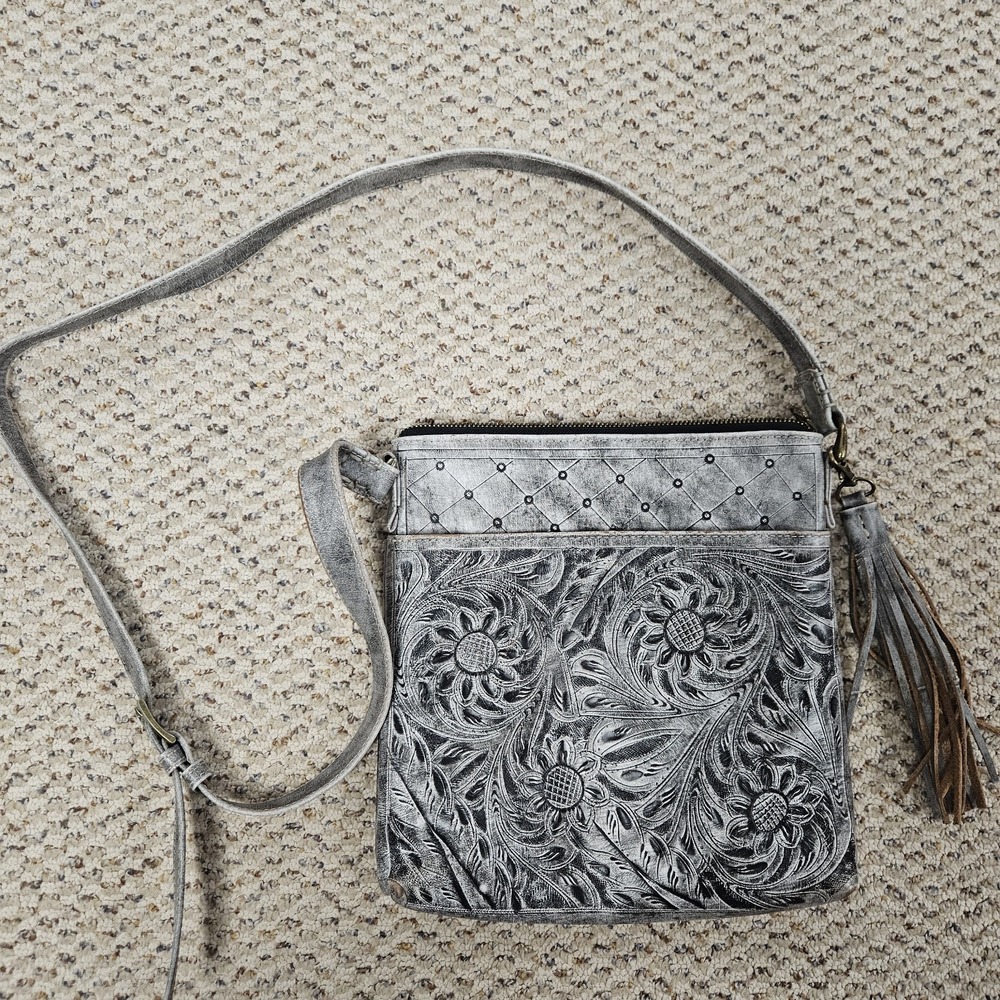 Hand Tooled Silver Floral Leather Crossbody Bag Western Fringe Festival